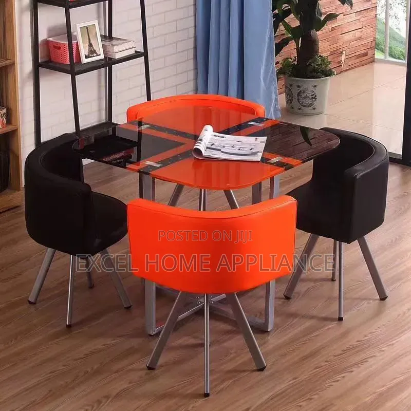Top Quality Modern Orange and Black Glass Top Dining Set With 4 Chairs