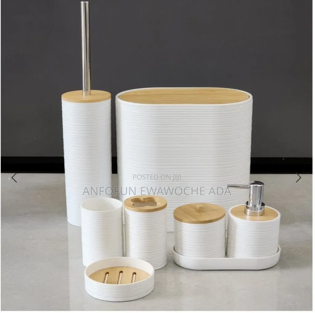 8-piece Luxury Bamboo Plastic Bathroom Accessories Set Trash Can,