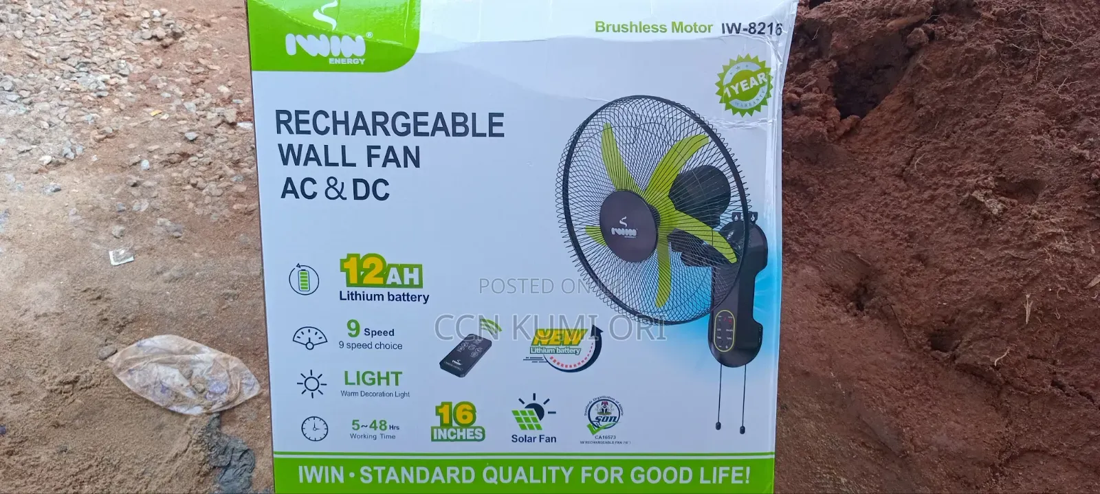 Iwin Rechargeable Wall Fan. Ac/Dc With Remote Control.