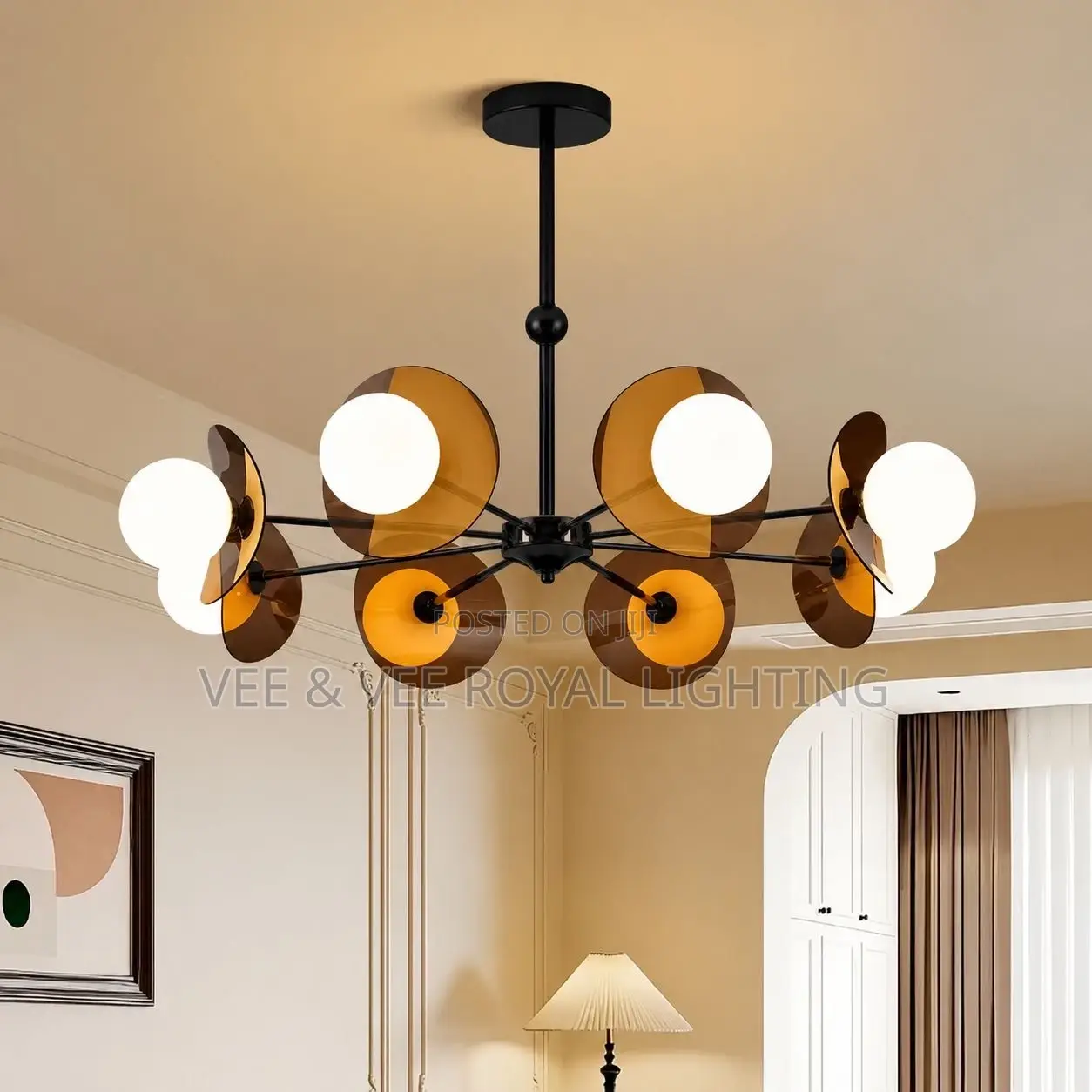 Modern Amber Disc Frosted Chandelier– For Living Room, Bedroom, Hotels