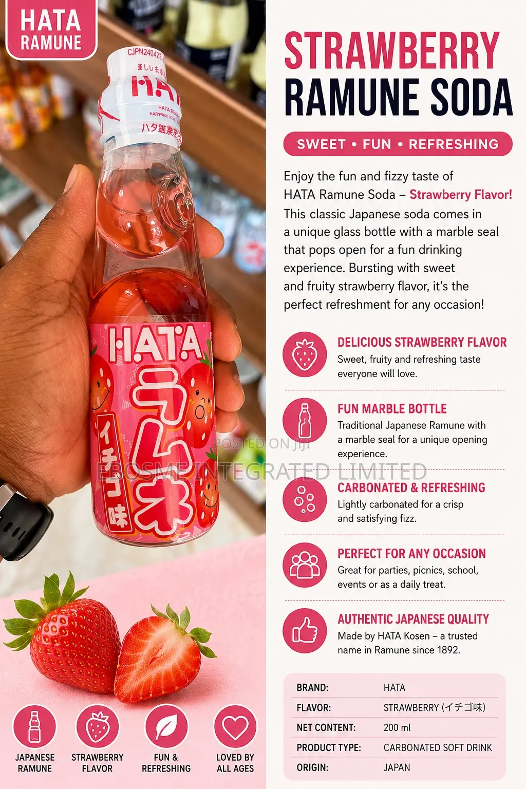 Hata Ramune Soda Drink Strawberry
