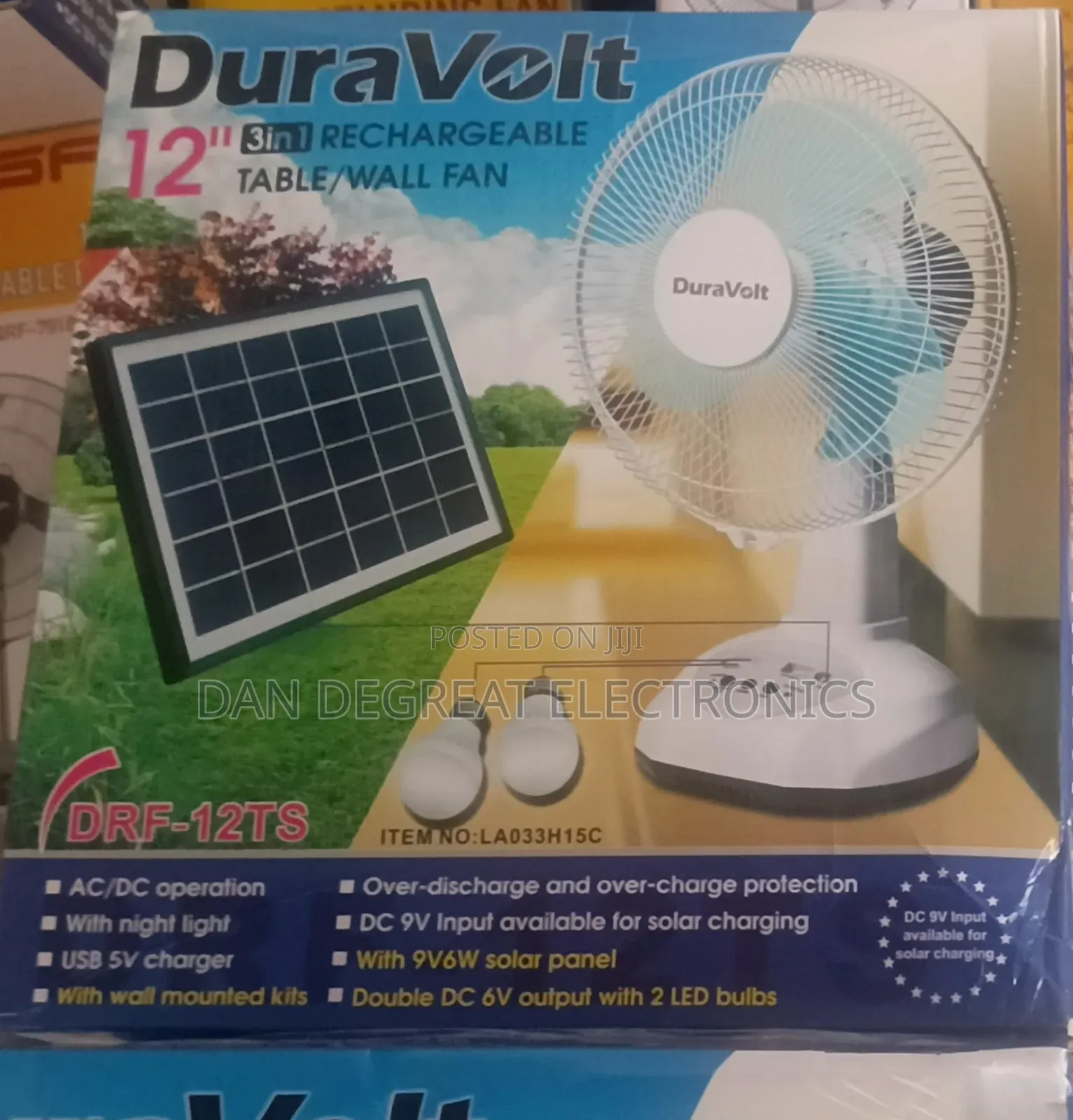 Duravolt 12" 3in 1 Rechargeable Table/Wall Fan With Panel