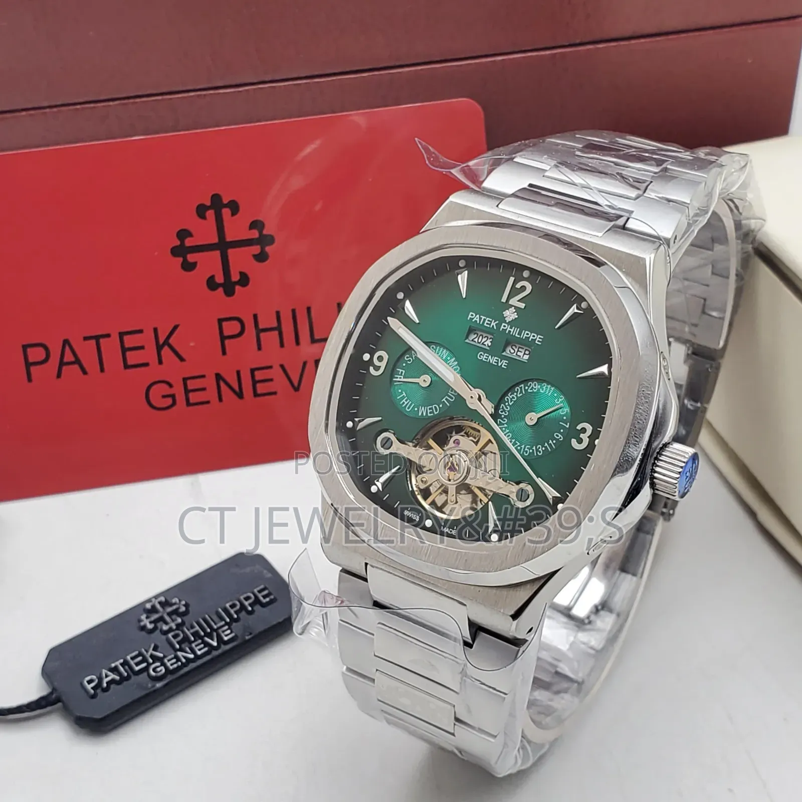 Luxury Green Dial Auto Wristwatch Steel Strap, Open Heart,Box Included