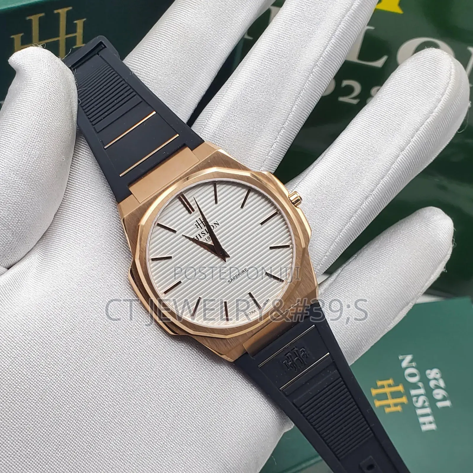 Luxury Hislon Sapphire Wristwatch Rose Gold, Ultra Slim, Rubber Strap