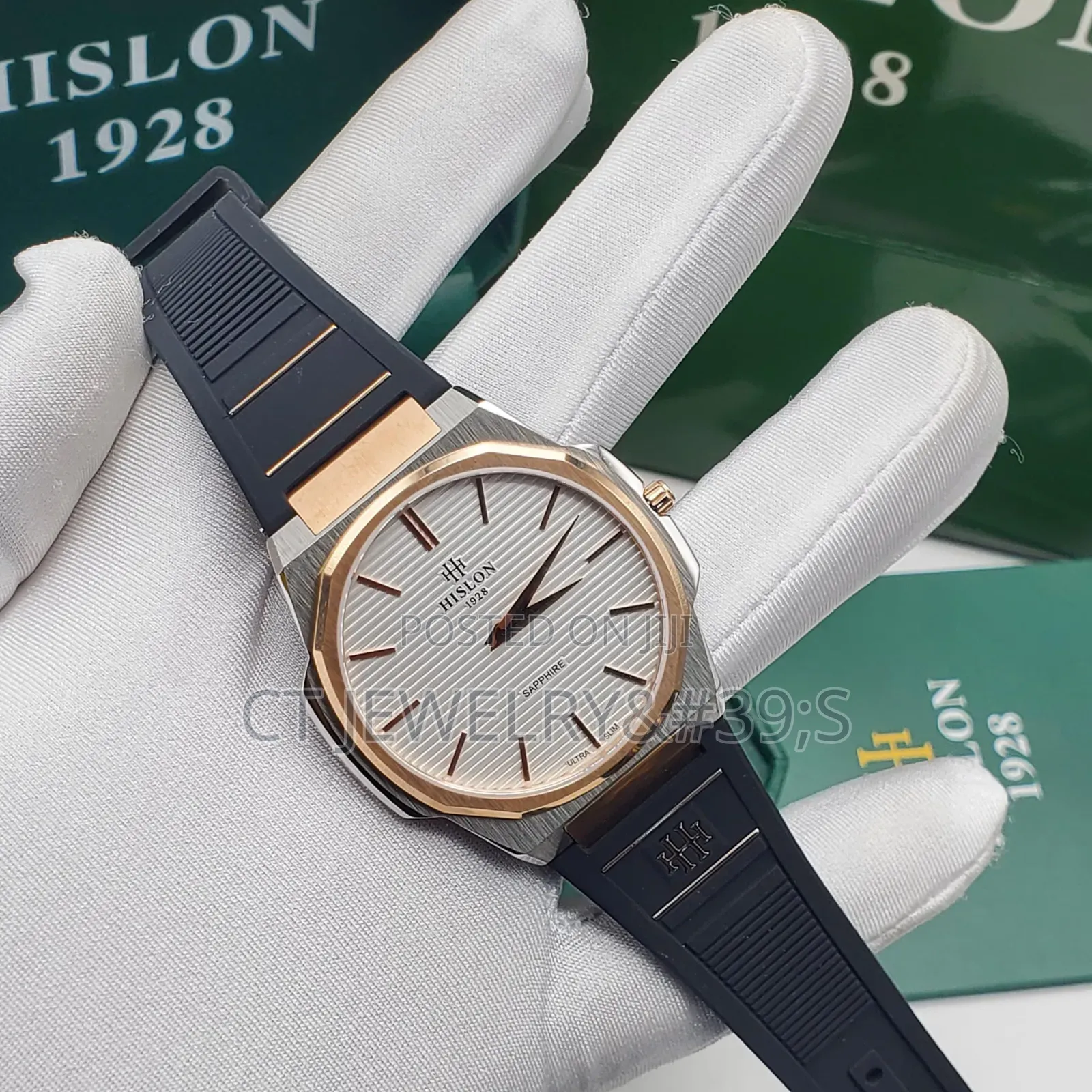 Luxury Hislon Sapphire Wristwatch Rose Gold, Ultra Slim, Rubber Strap