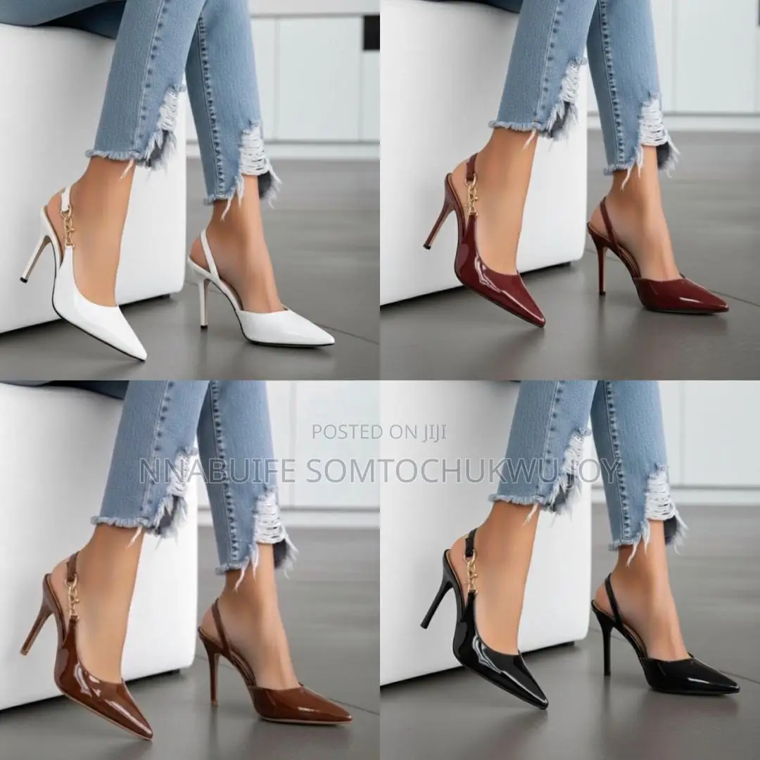 Elegant Patent Leather Slingback Heels Pointed With Gold Chain Detail