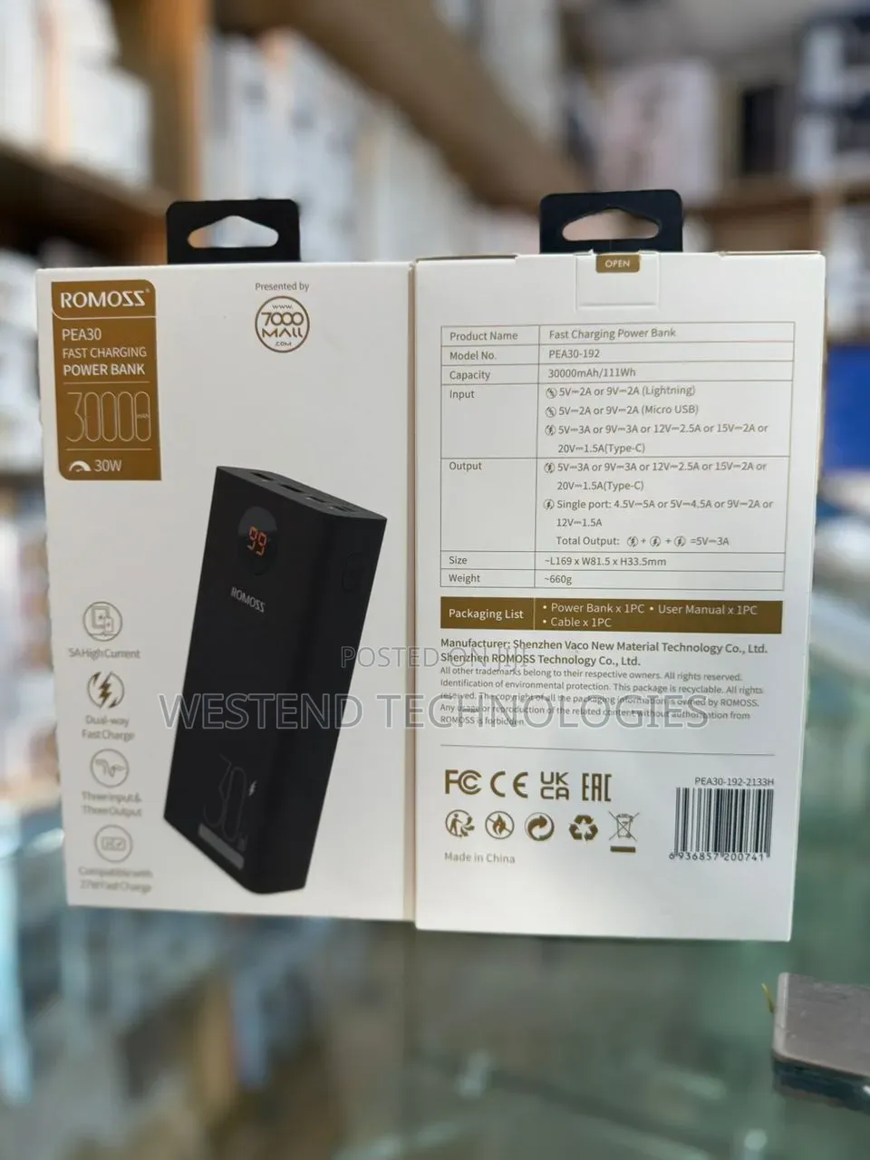 Romoss 30000mah Power Bank Pea30, Pd 30w Usb C Two-Way Fast Charging