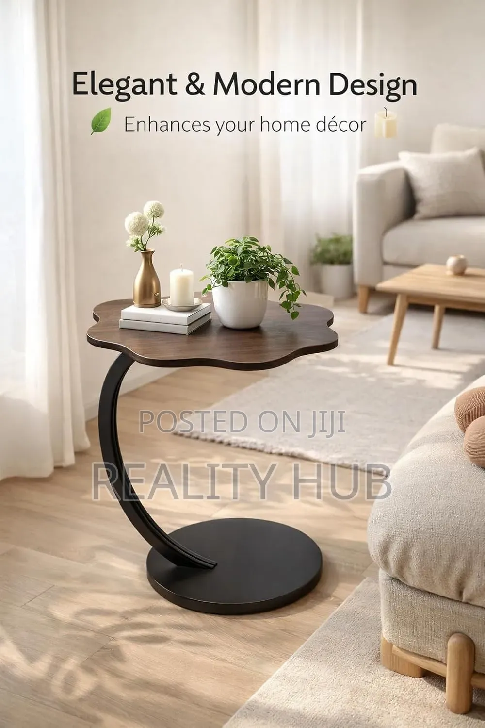 Curved Table With Wooden Top 40cm Compact End Table Metal Base Sofa
