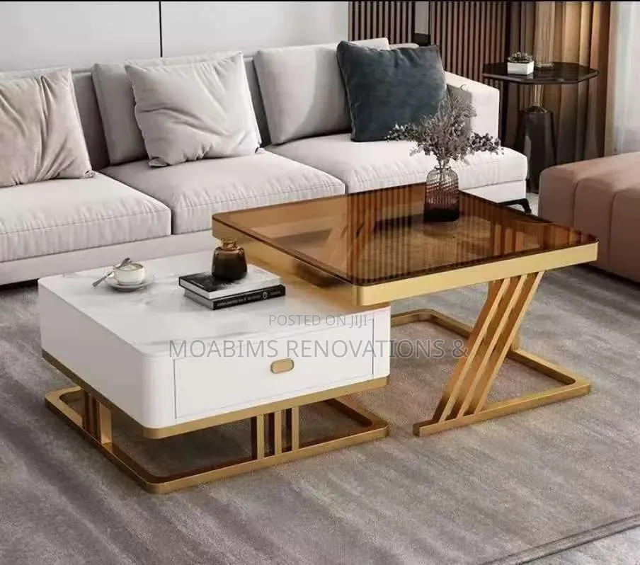 2in1 Real Marble and Glass Twin Center Table With Drawer