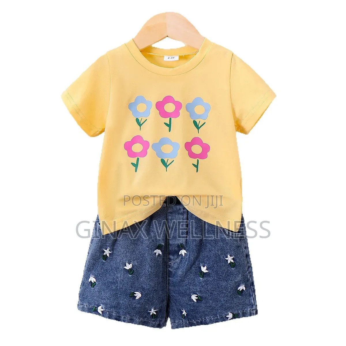 Yellow Short-Sleeved T-Shirt With Jeans Shorts Set for Girls