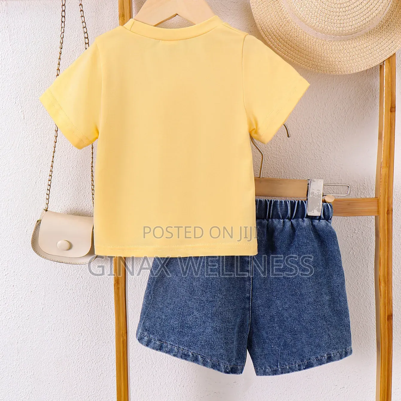 Yellow Short-Sleeved T-Shirt With Jeans Shorts Set for Girls