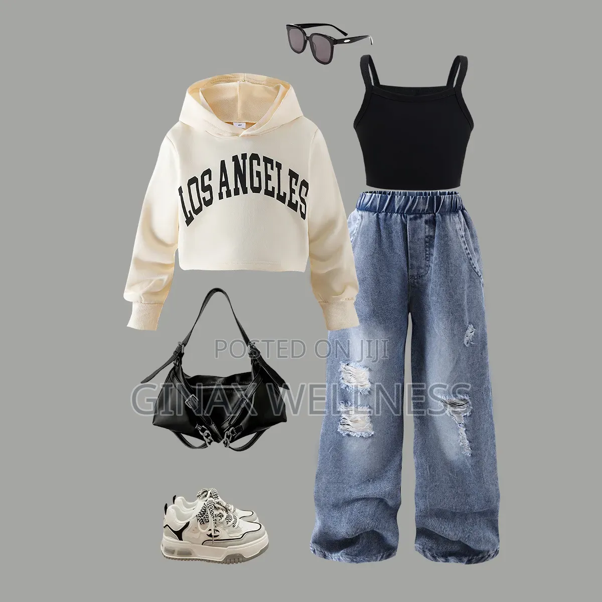Girls Long-Sleeved Hoodie With Black Tank Top and Ripped Jeans Set