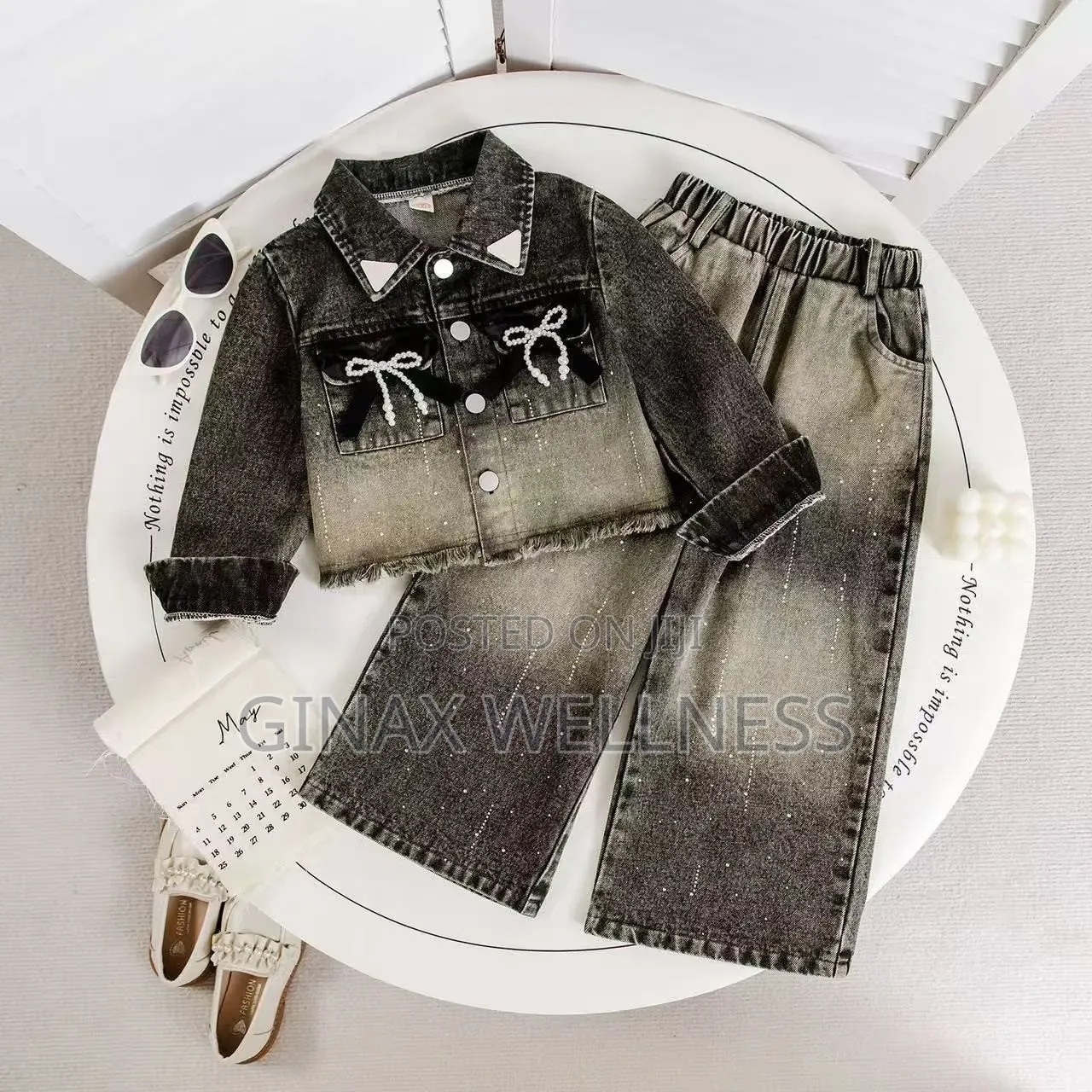 Black Jeans Set With Jacket and Wide-Leg Trousers for Girls (6,7years)
