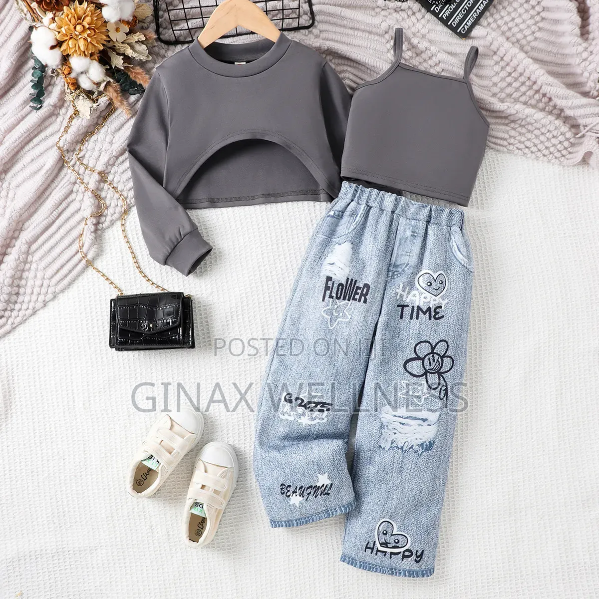 Long-Sleeved Sweatshirt With Tank Top and Jeans Trousers Set for Girls