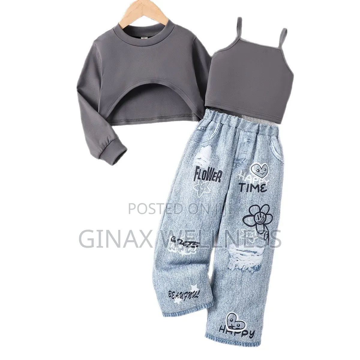 Long-Sleeved Sweatshirt With Tank Top and Jeans Trousers Set for Girls