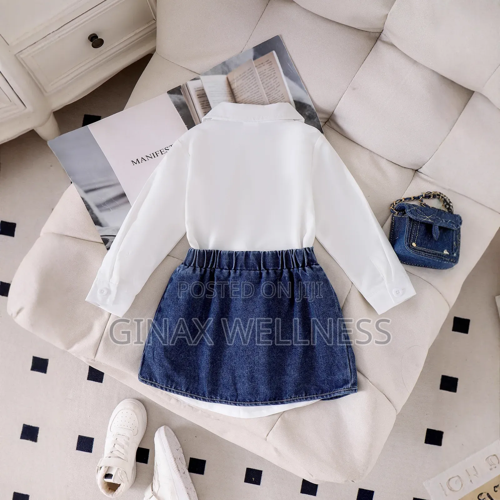 White Long-Sleeved Vintage Shirt With Jeans Skirt Set for Girls