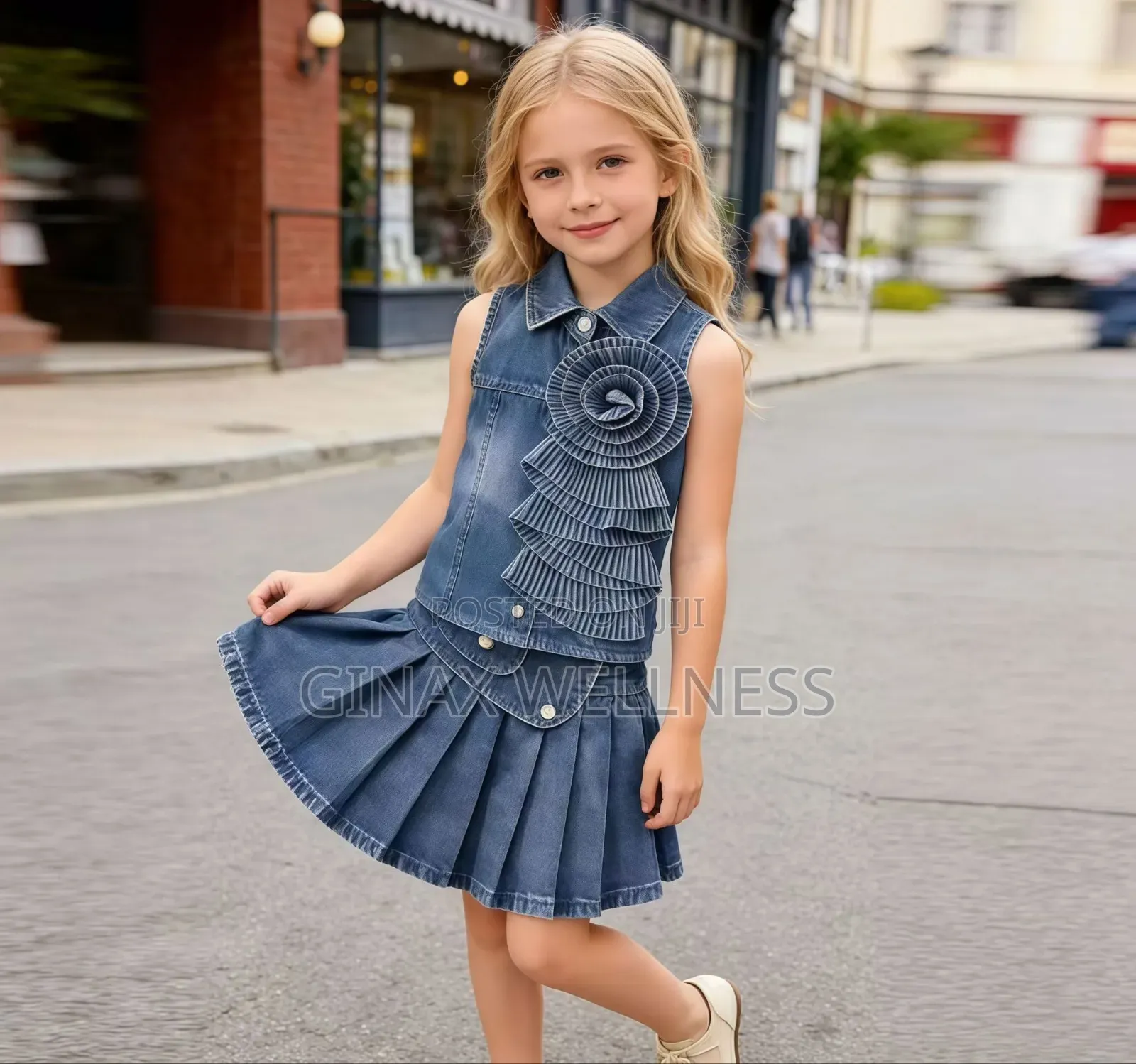 Retro Sleeveless Jeans Top and Pleated Skirt Set for Girls