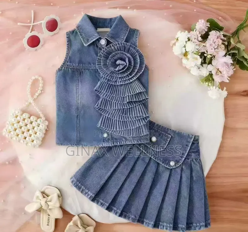 Retro Sleeveless Jeans Top and Pleated Skirt Set for Girls