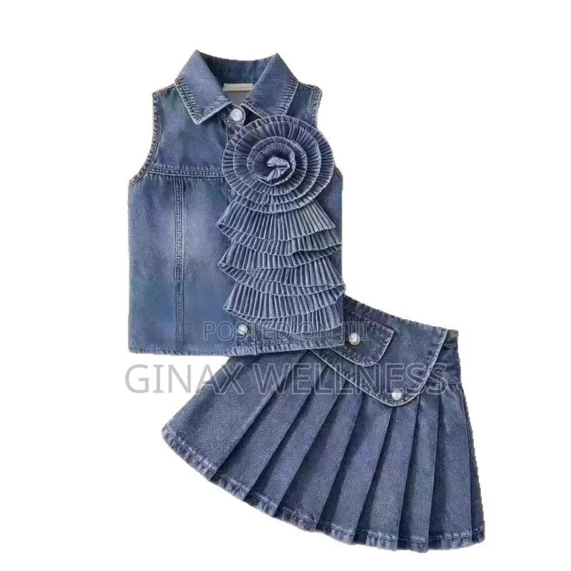 Retro Sleeveless Jeans Top and Pleated Skirt Set for Girls