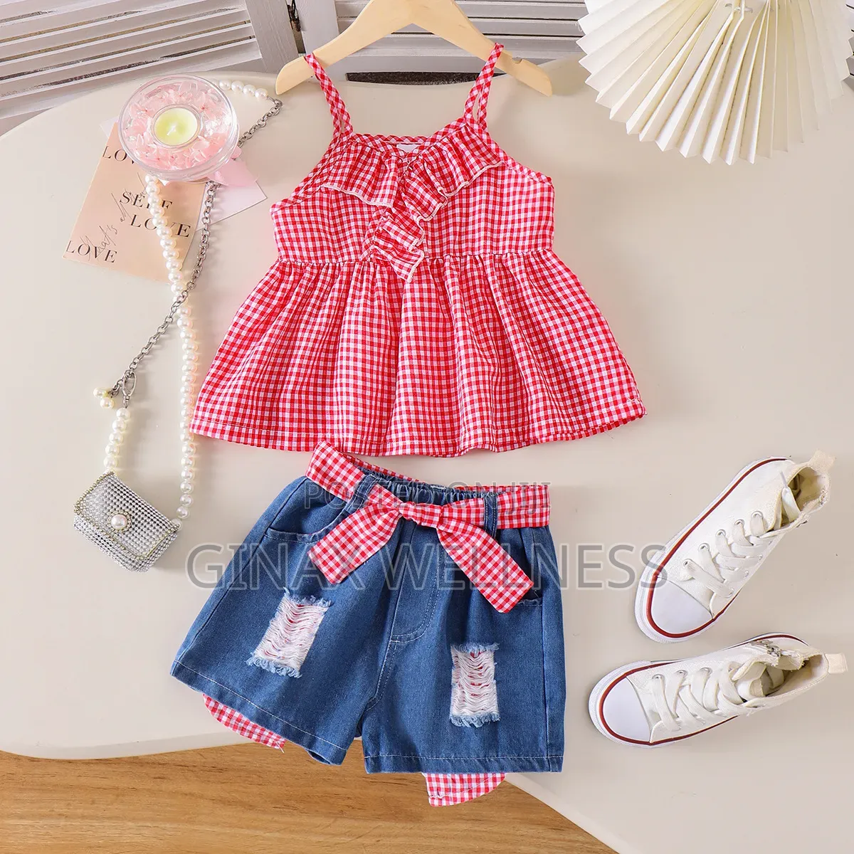 Red Check Tank Top With Ripped Jeans Shorts Set for Girls (4-7 Years)
