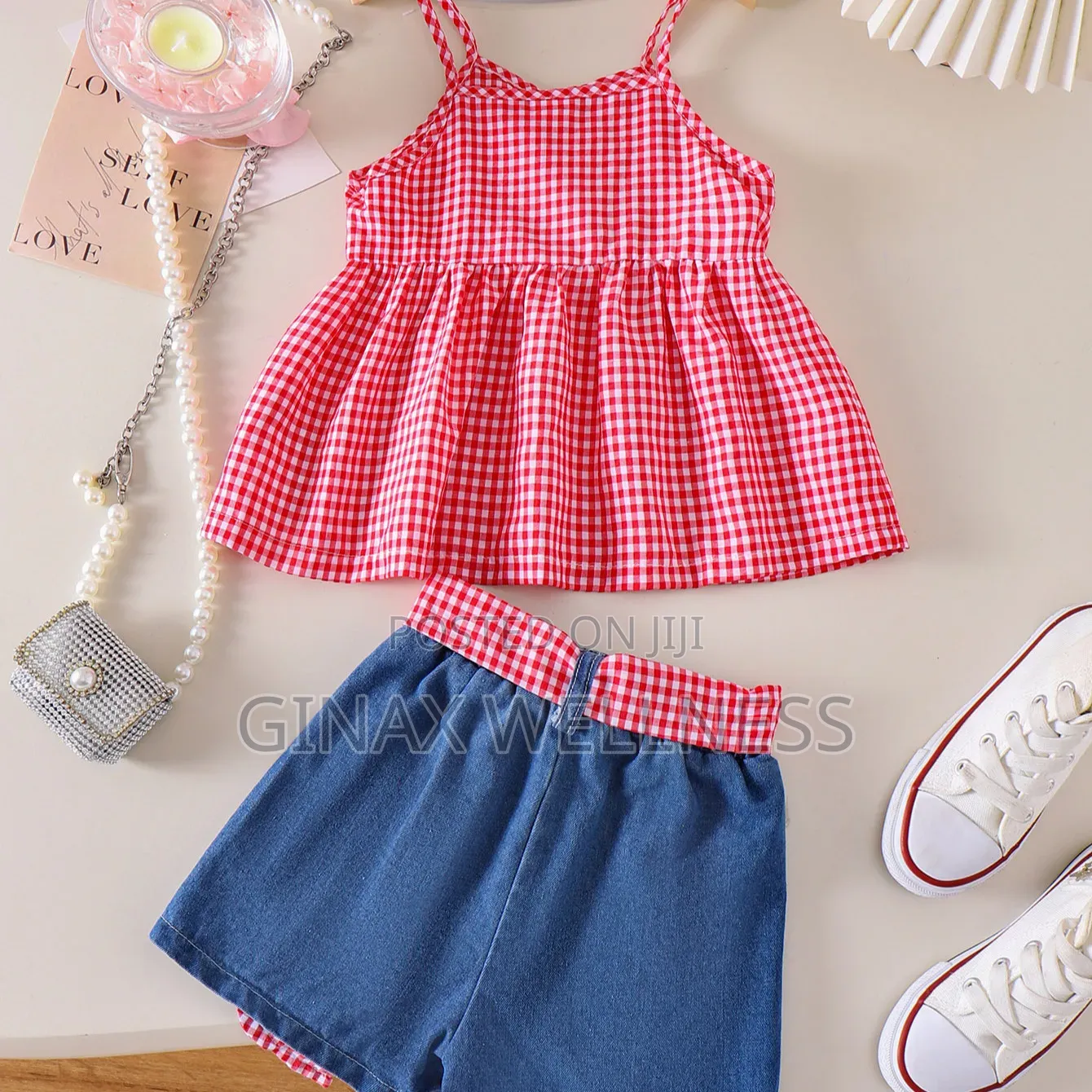 Red Check Tank Top With Ripped Jeans Shorts Set for Girls (4-7 Years)
