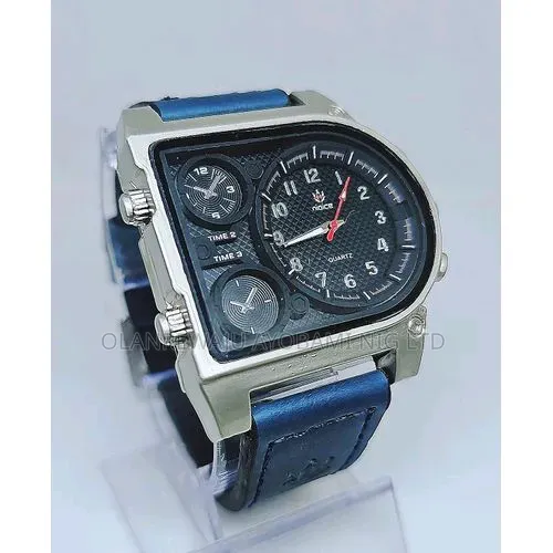 Men Sleek Blue Leather Wristwatch