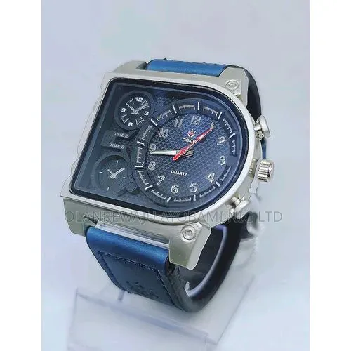 Men Sleek Blue Leather Wristwatch
