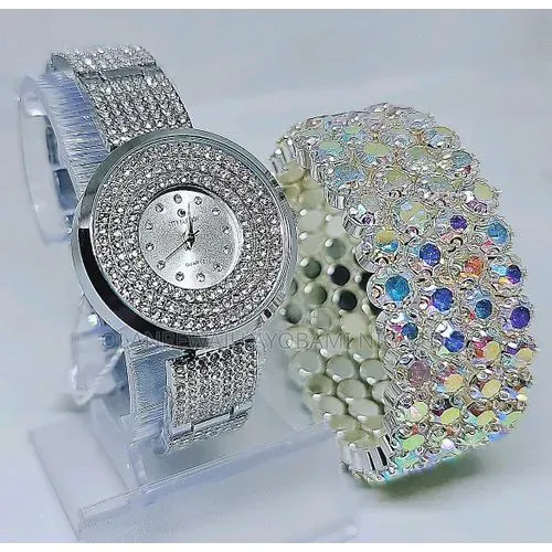 Ladies Silver Wristwatch + Rhinestone Wrap Bracelet