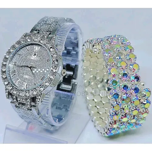 Ladies Silver Wristwatch + Rhinestone Wrap Bracelet