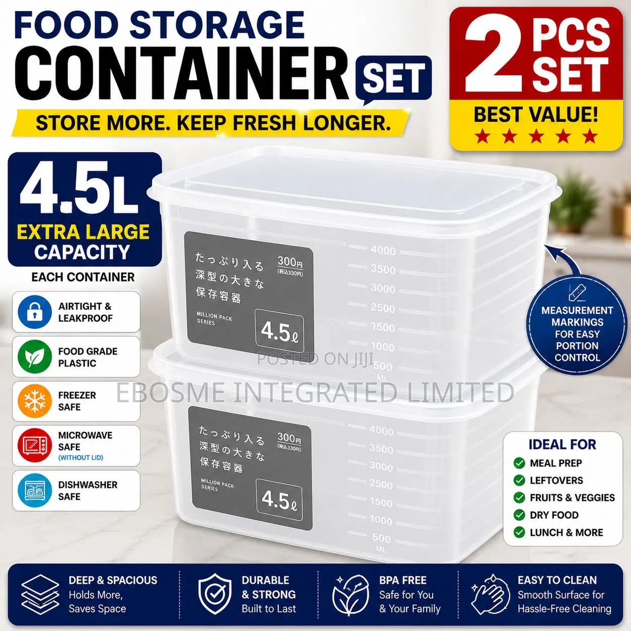 Food Storage Container Set 2pcs 4.5liter Capacity