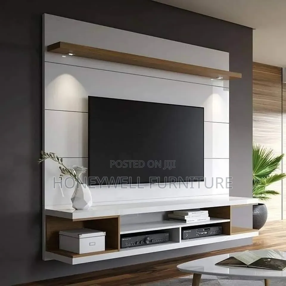 White and Brown Tv Console With Led Lights