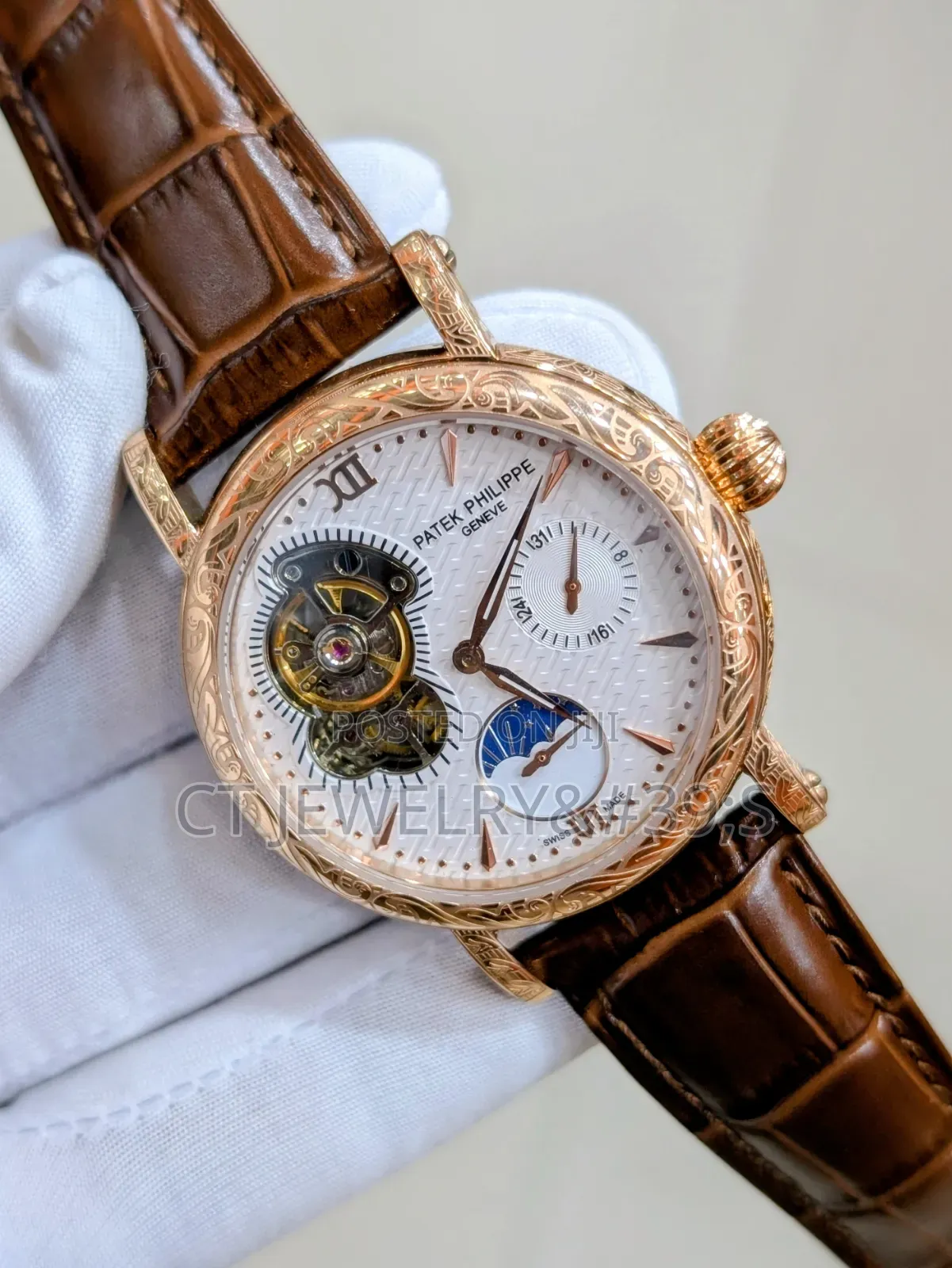 Patek Mechanical Wristwatch Rosegold Engraved Case, Leather Strap