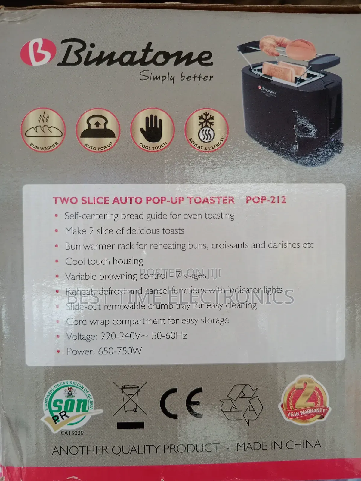 Binatone 2 Slice Auto Pop Up Toaster