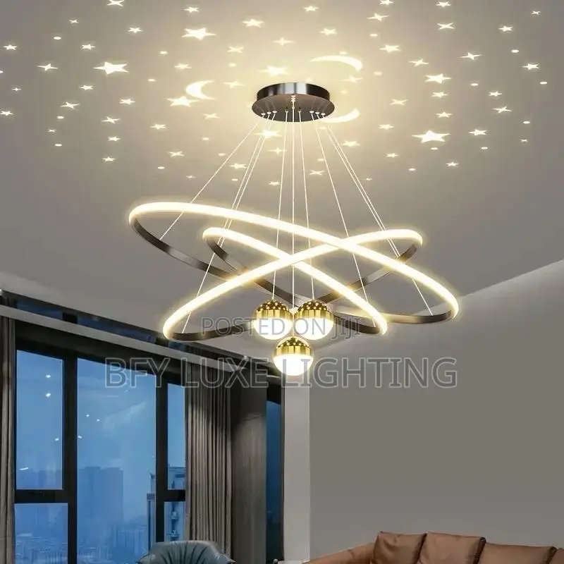 Celestial Galaxy Pendant – Star Projection Orbital Ring Chandelier