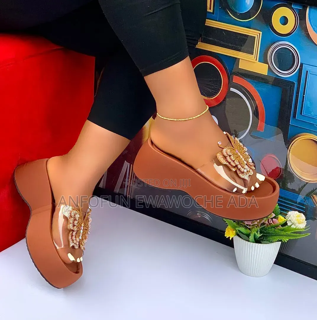 Rhinestone Butterfly Clear Strap Wedge Platform Sandals.