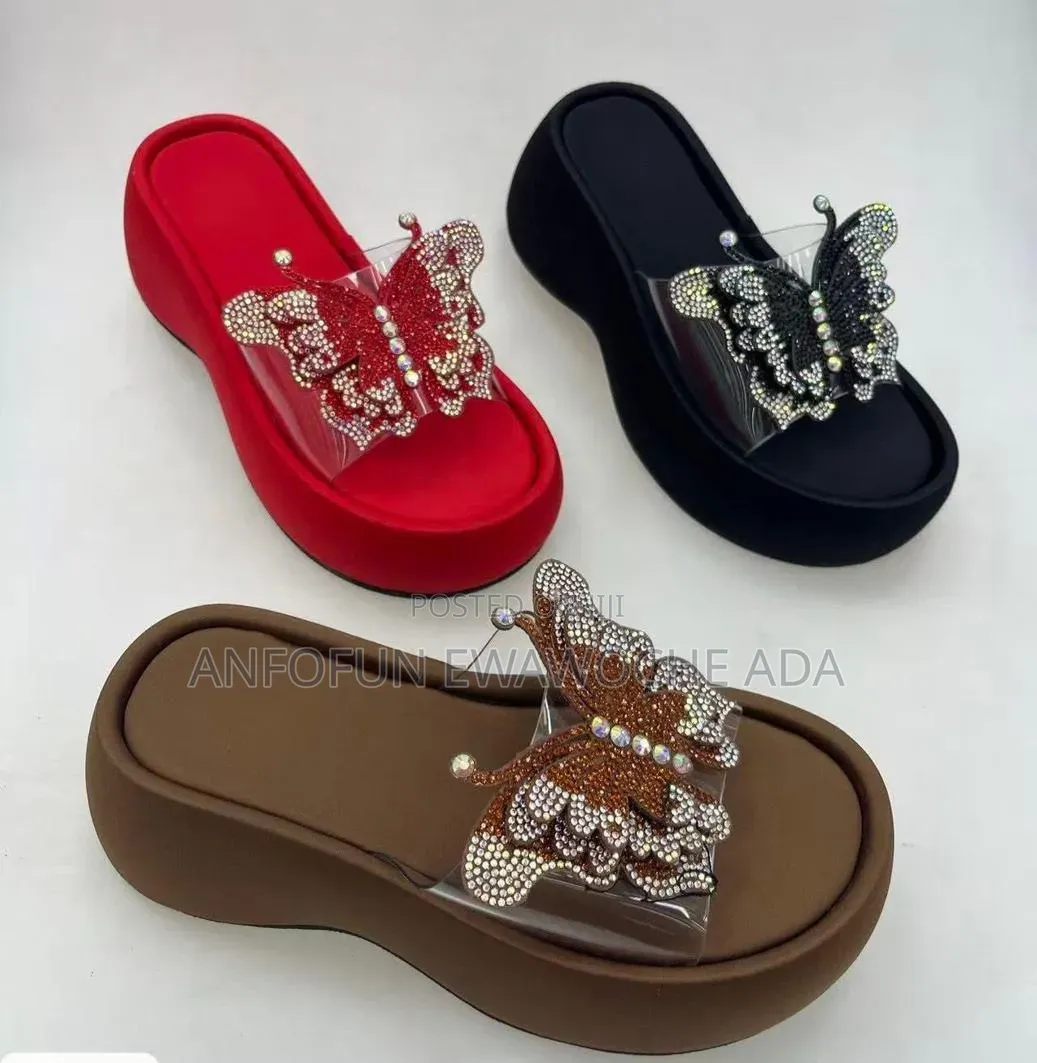 Rhinestone Butterfly Clear Strap Wedge Platform Sandals.