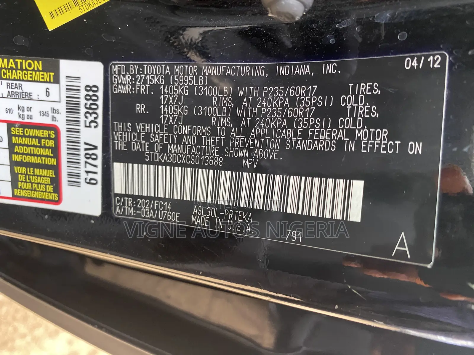 Toyota Sienna LE 8 Passenger 2012 Black