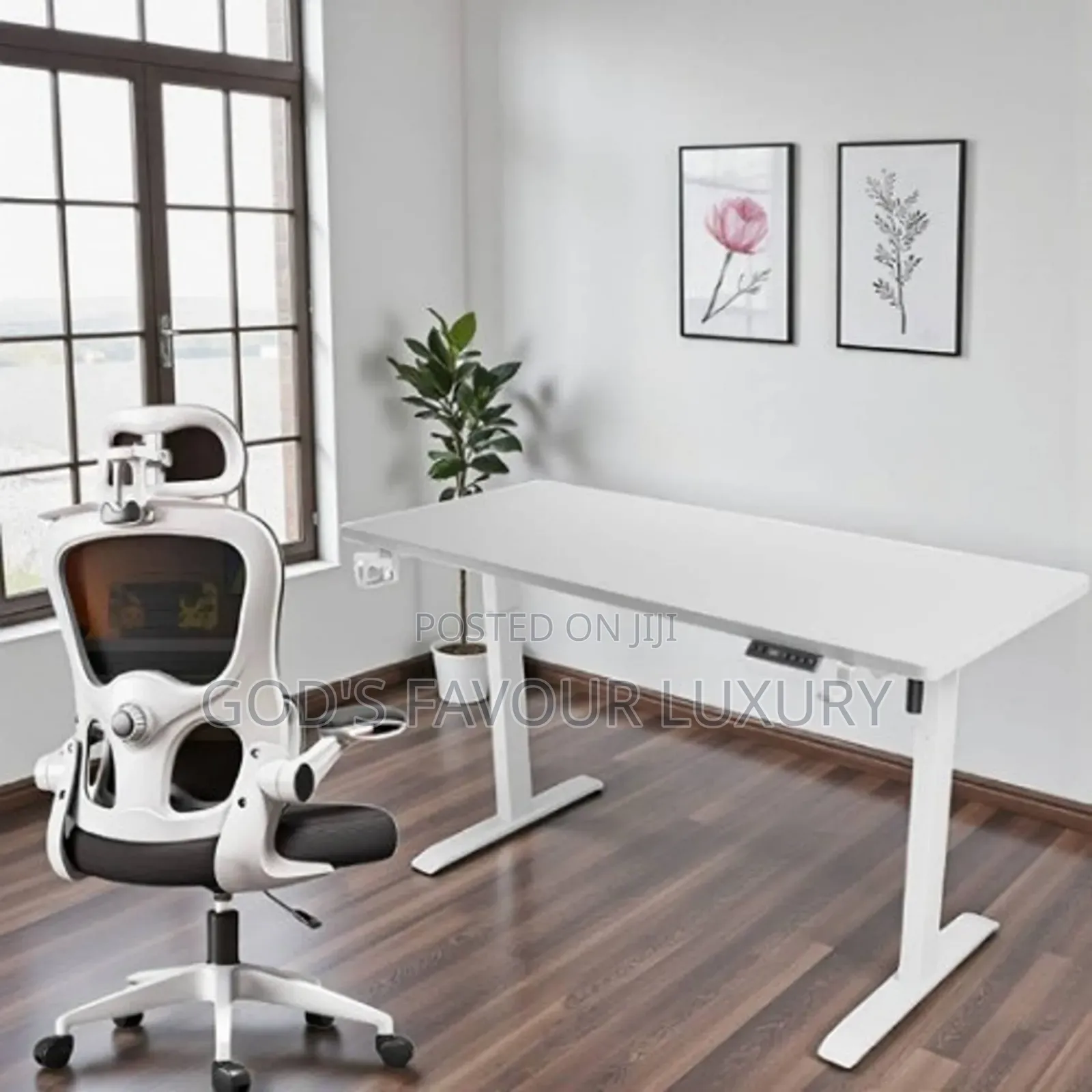 A Set of Electric Adjustable Table Egornomic Chair - White
