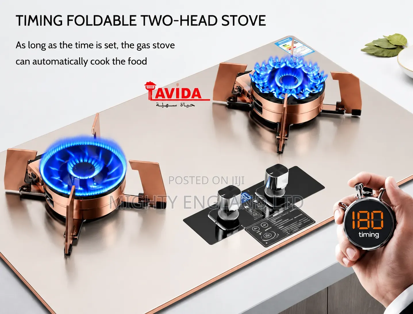 Foldable Two-Head Gas Stove With a Tempered Glass Built-in Timer