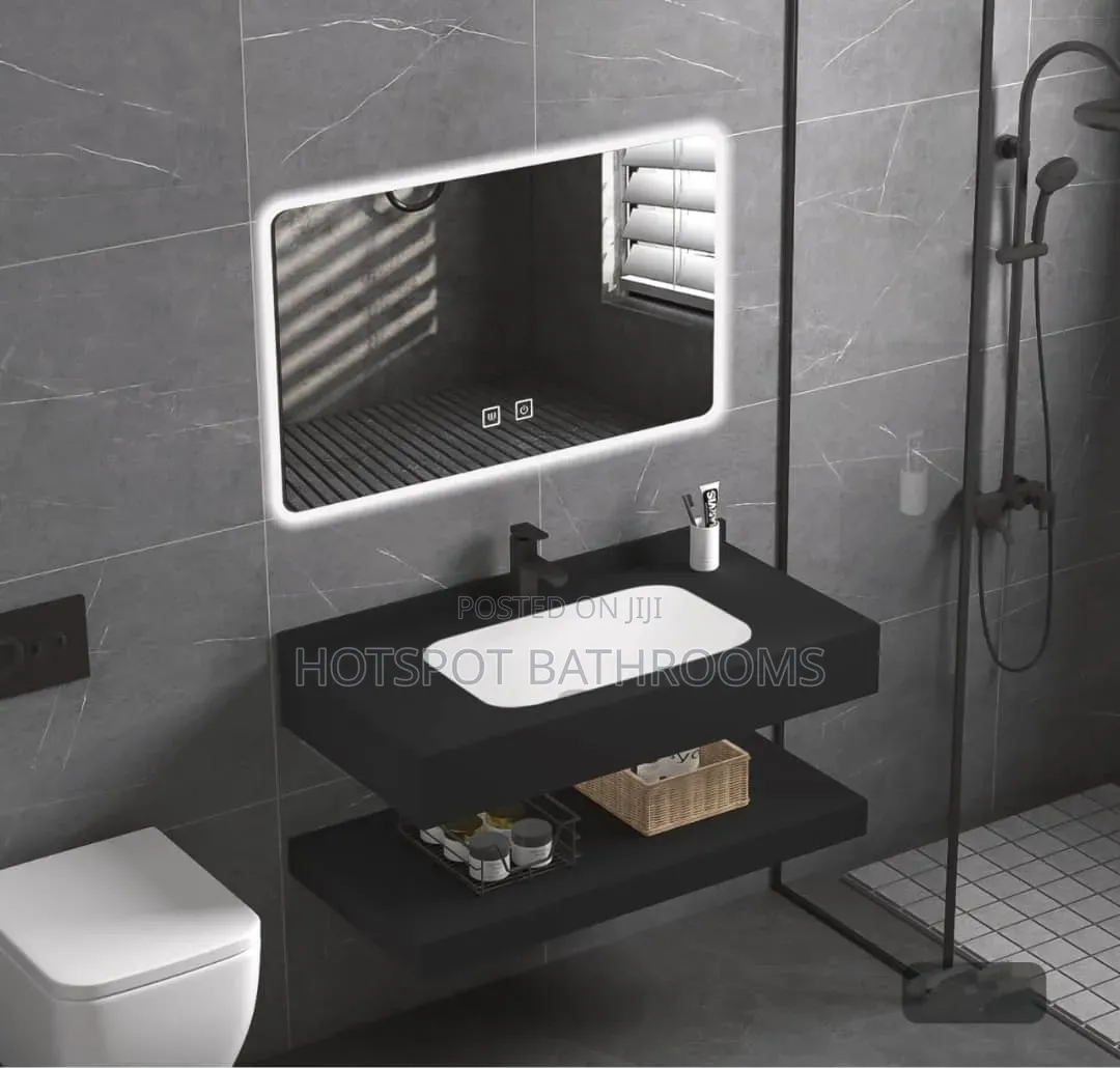 Matt Black Marble Cabinet With Led Lights Mirror