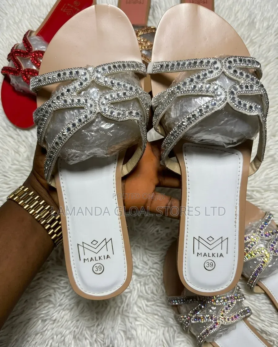 Malkia Rhinestone Criss-Cross Slides - Elegant Flat Sandals