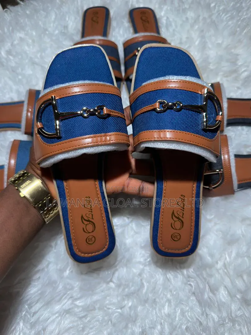 Elegant Women's Denim Horsebit Flat Slides - Premium Collection