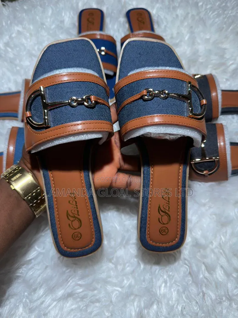Elegant Women's Denim Horsebit Flat Slides - Premium Collection