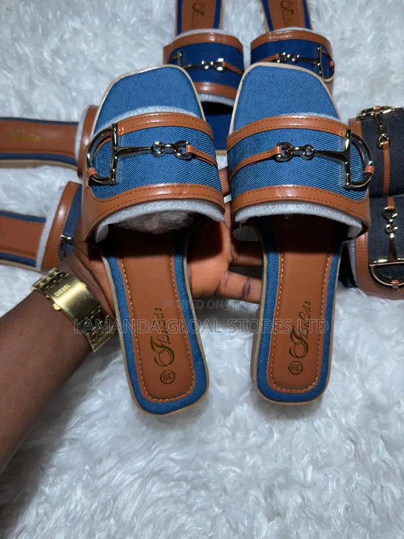Elegant Women's Denim Horsebit Flat Slides - Premium Collection