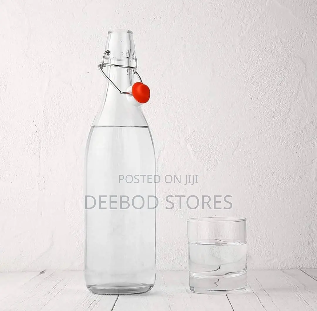 Cello Aquaria Glass Water Bottle With a Swing-Top Lid.