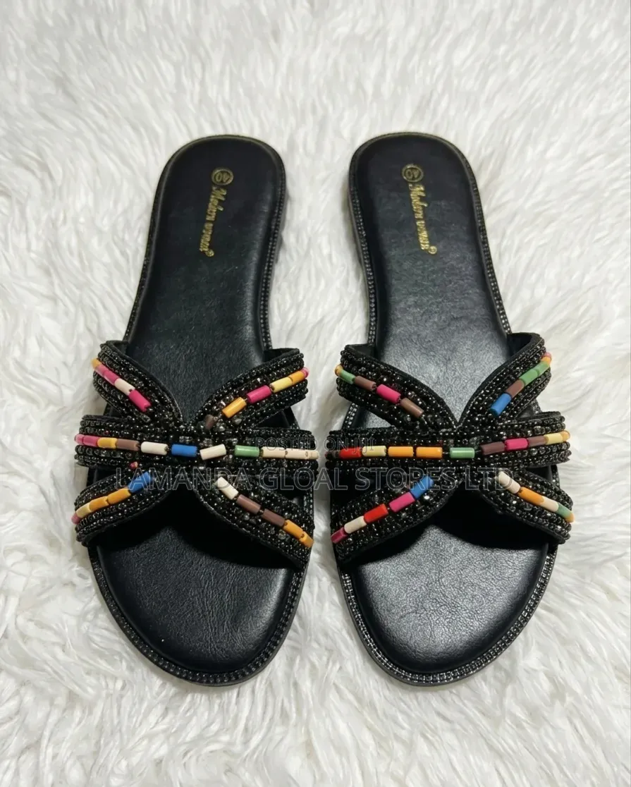 Sparkling Women's Beaded Cross-Strap Flat Slides - Modern Elegance