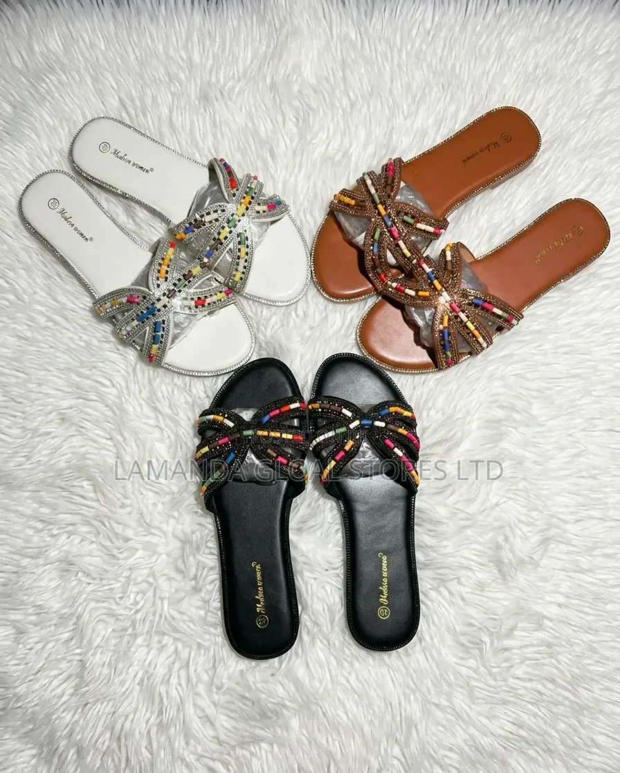 Sparkling Women's Beaded Cross-Strap Flat Slides - Modern Elegance