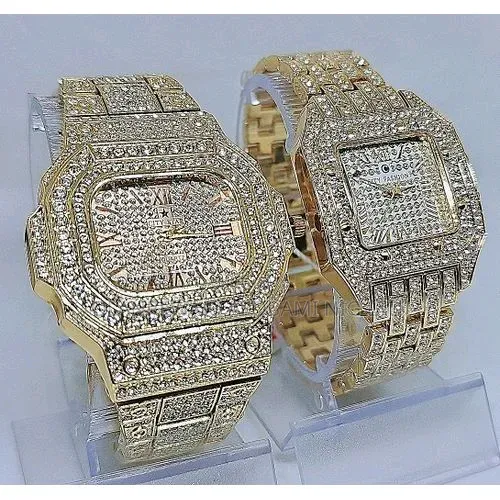 2pcs Sleek Gold Wristwatch for Ladies Gentlemen