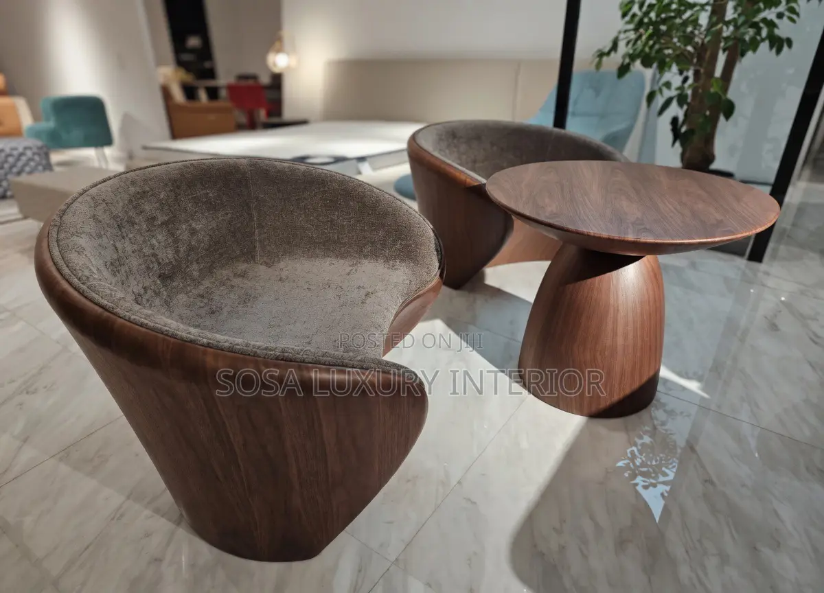 Modern Curved Lounge Chairs With Wood Grain And Side Tabl