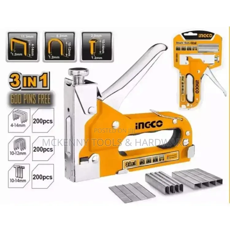 Ingco Hsg14 3-in-1 Hand Tacker With 600 Replacement Needles Staple Gun